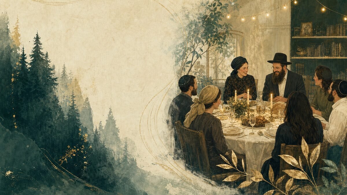A Shabbos table full of guests, candles lit, the community gathered close